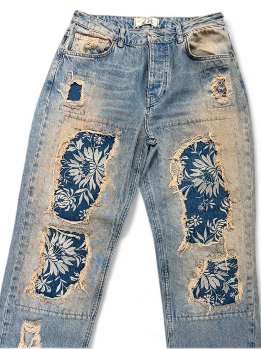 Free People Desert Rose Floral Patchwork Distressed Straight Leg Jeans - Picture 5 of 8